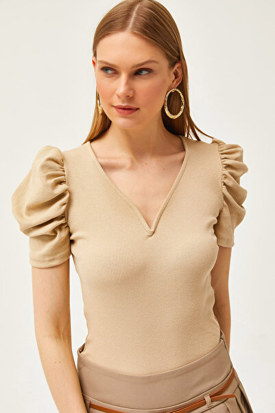 Olalook Women's Beige V Detailed Princess Sleeve Cotton Blouse BLZ-19002296