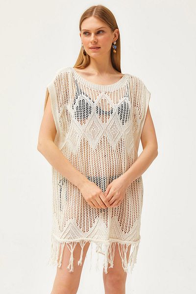 Olalook Women's Ecru Geometric Detailed Tasseled Cotton Knitwear Blouse BLZ-19002573