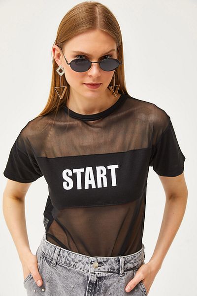 Olalook Tricou de damă cu tul negru brodat TSH-19000798
