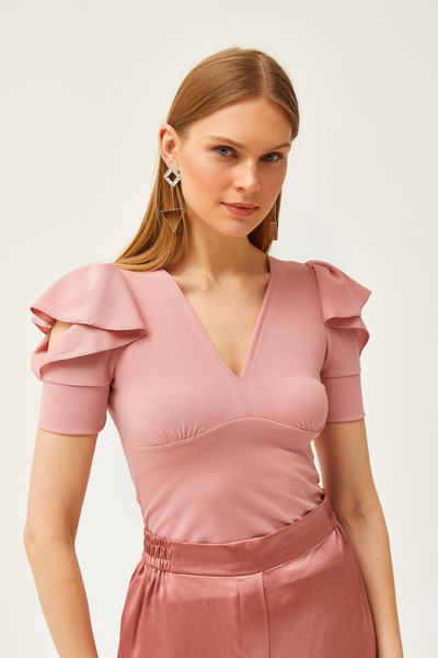 Olalook Damen-Strickbluse in Puderoptik mit V-Ausschnitt und Schulterausschnitt und tiefem Ausschnitt BLZ-19002570