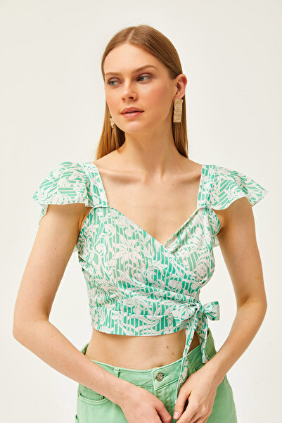 Olalook Γυναικεία πράσινη ριγέ Mos Crepe μπλούζα με φερμουάρ στο πλάι και λεπτομέρεια στο μανίκι BLZ-19001463