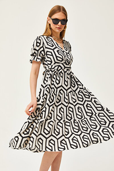 Olalook Dámské černé páskové dvouřadé vzorované šaty ELB-19002103