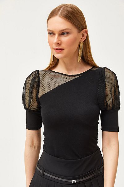 Olalook Women's Black Lace Tulle Garnished Knitted Blouse BLZ-19002572