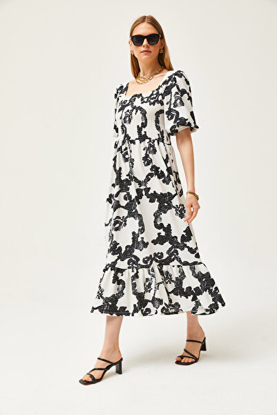 Olalook Kadın Ekru Siyah Roba Gipeli Midi Örme Elbise ELB-19002108