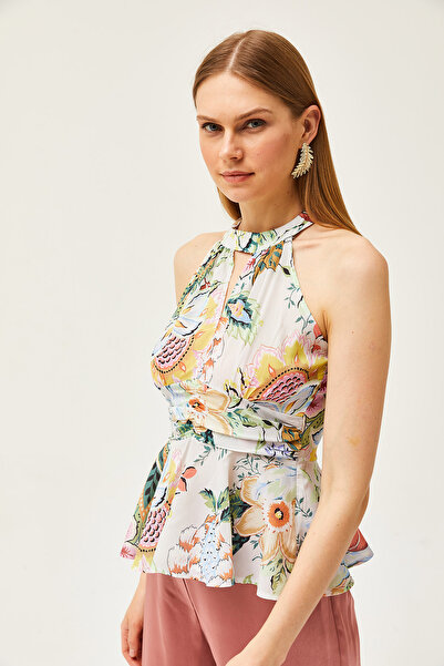 Olalook Dámská džungle vícebarevná ohlávka s výstřihem a pasem podrobně krepová halenka BLZ-19001505