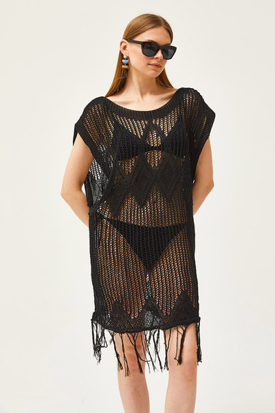 Olalook Women's Black Geometric Detailed Tasseled Cotton Knitwear Blouse BLZ-19002573