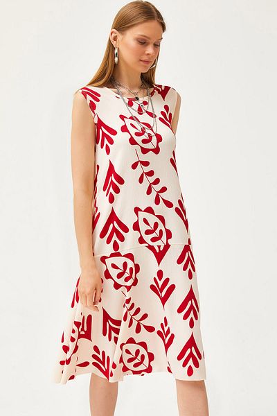 Olalook Women's Ecru Red Skirt Piece Knitted Dress ELB-19002105