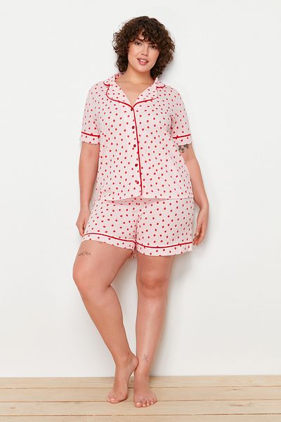 Trendyol Curve Pink Strawberry Patterned Shirt Collar Knitted Pajamas Set TBBSS24AI00046