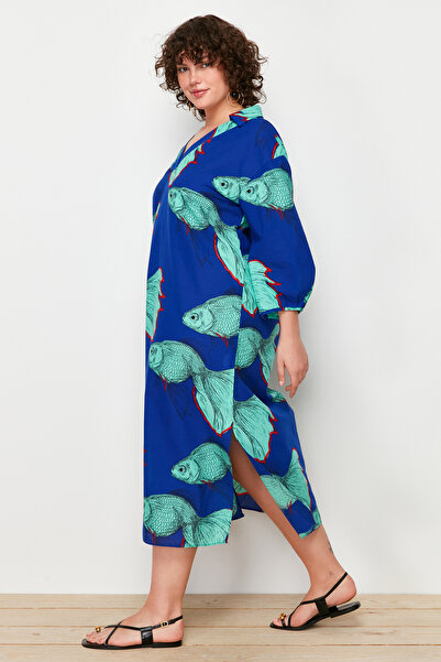 Trendyol Curve Balloon Sleeve Blue Fish Patterned Slit Beach Dress - TBBSS24AH00138