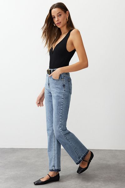 Trendyol Collection Blue High Waist Flare Jeans with Leg Detail TWOAW24JE00278