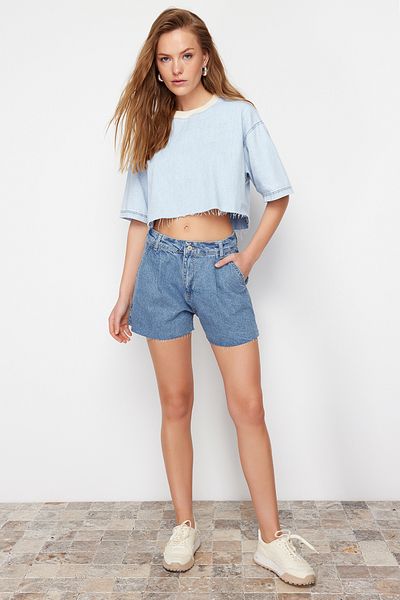 Trendyol Collection Modré plisované mini džínové šortky Twoss24Sr00090 s vysokým pasem