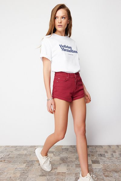 Trendyol Collection Denim Mini Burgundy Shorts - TWOSS24SR00086
