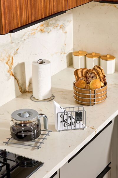 Edora Home Silver 4-Piece Serving Presentation Set, Napkin Holder, Paper Towel Holder, Trivet, Bakery Macrame - Metal