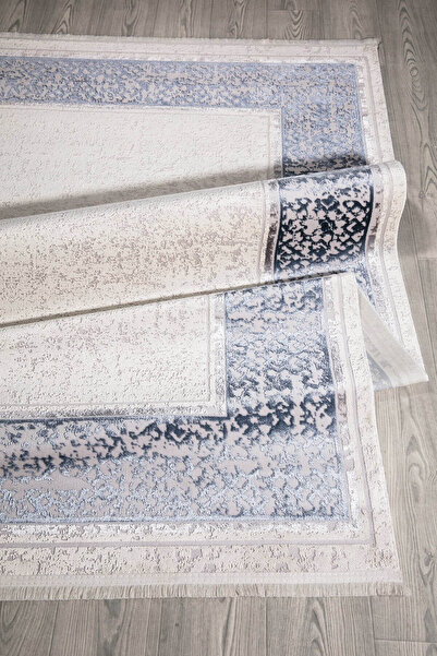 SULTAN HALI Mavi Bordürlü Parlak Yanar Dönerli Altı Kaymaz Makine Dokuma Halı