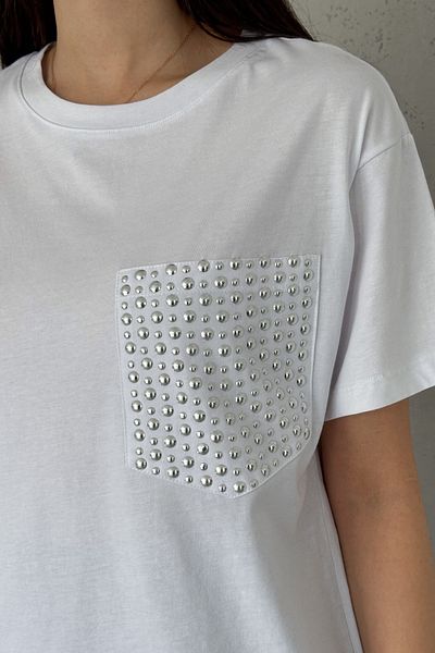 FEMELLE Tricou alb din bumbac cu paiete de buzunar pentru femei