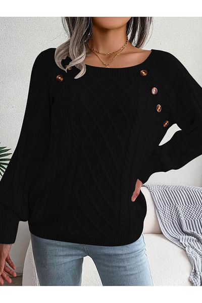 OMKA BUTİK Pulover de damă, tricot cu gât de barcă, cu model, cu nasturi, tricotaje negru