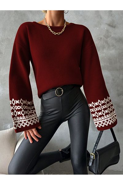 OMKA BUTİK Pulover de tricot burgundă cu detaliu, cu model jacquard, cu mâneci casual