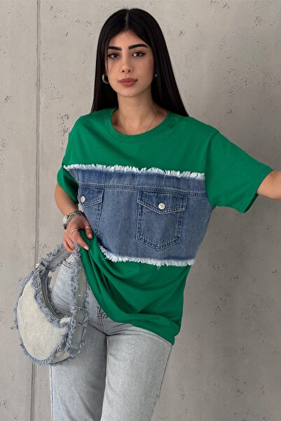 FEMELLE Women's Green Double Pocket Tasseled Denim Detailed Design Cotton T-Shirt