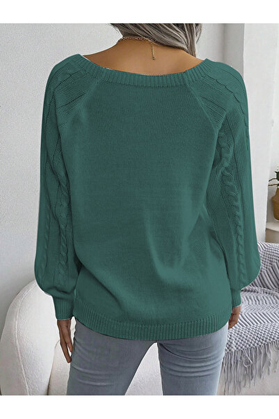 OMKA BUTİK Pulover de damă, cu gât de barcă, împletitură de păr, cu modele, cu butoane, tricotaje de mentă