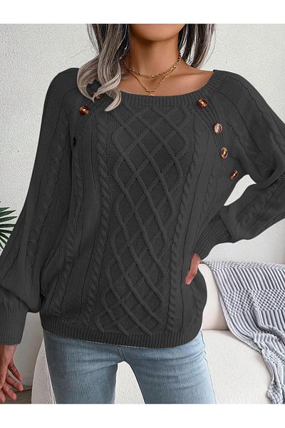 OMKA BUTİK Women's Boat Neck Hair Knit Patterned Button Detailed Anthracite Knitwear Sweater