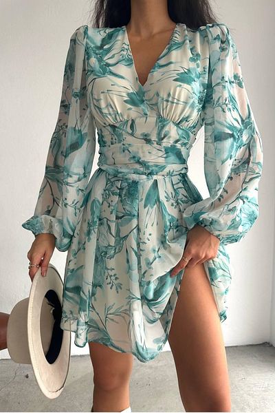 lovebox Women's Floral Print Chiffon Fabric V Neck Long Sleeve White Mini Evening Dress 088