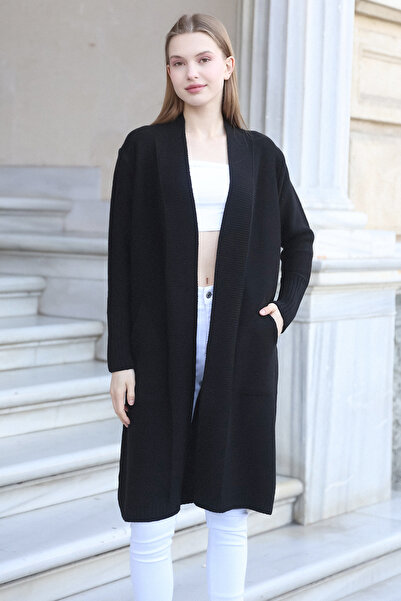 ALCHON سترة صوفية متوسطة الطول بأكمام طويلة ورقبة على شكل حرف V - مرنة للكاحل، جيب على السقف، لوحة واحدة