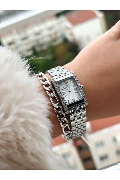 FERRO Rectangular Case, Silver Color, Steel Strap Wristwatch+Bracelet