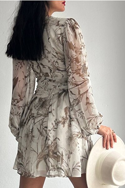 lovebox Mini rochie de seară albă cu mânecă lungă, din țesătură din șifon, cu decolteu în V, pentru femei 088