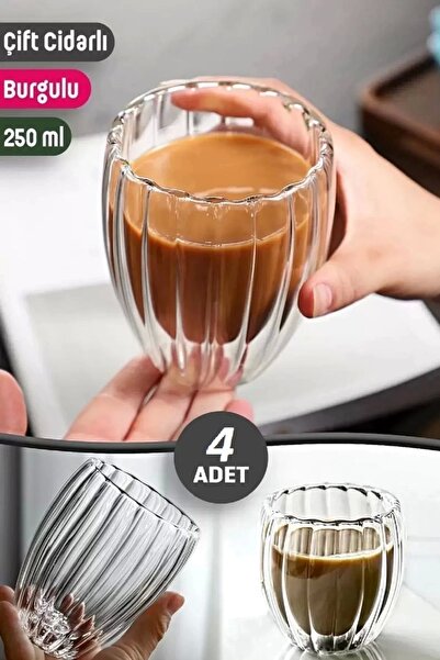 Rosemor 4'Lü Cidarlı Borosilikat Tarz Origami Burgulu Bardak Çay Süt Kahve Ku...