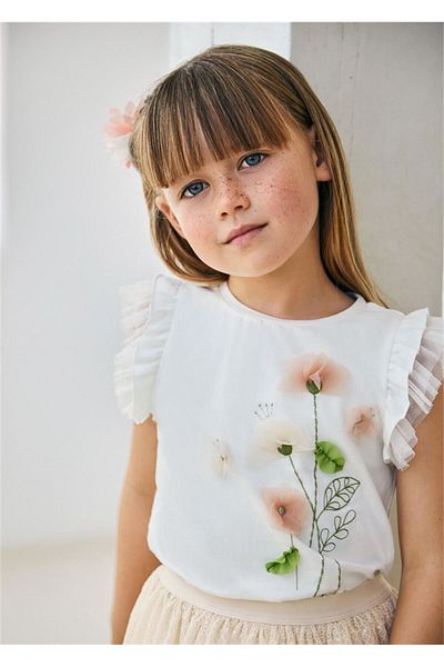 MAYORAL Tricou fără mâneci cu flori din tul pentru fete, bej crem 3079