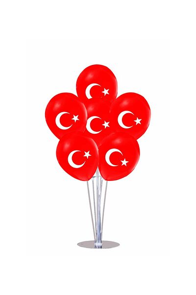 PartAntalya 14 Crescent and Star Turkish Flag Balloons - 2 7-Piece Balloon Stands