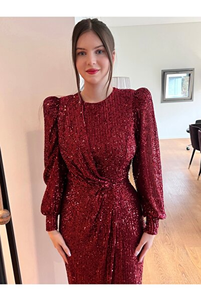 Sultan Ekşioğlu Tasarımı Bordo Drapeli Payet Abiye