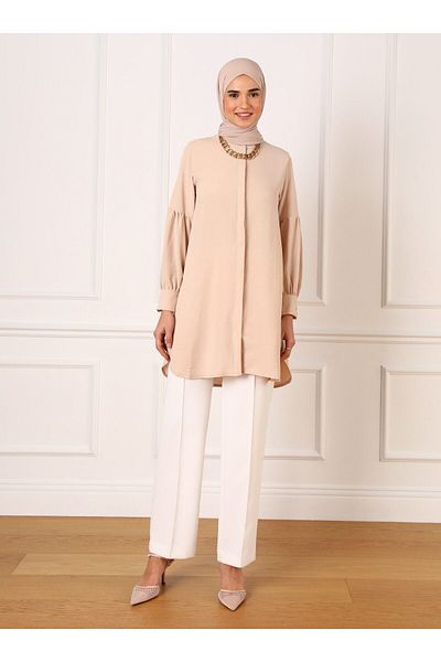 Refka Hidden Buttoned Balloon Sleeve Aerobin Tunic - Light Beige - Refka