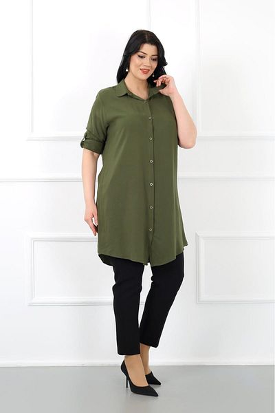 By Alba Collection Women's Cotton Viscose Plain Large Size Tunic Khaki