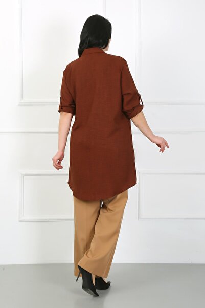 By Alba Collection Women's Tan Soft Linen Large Size Tunic