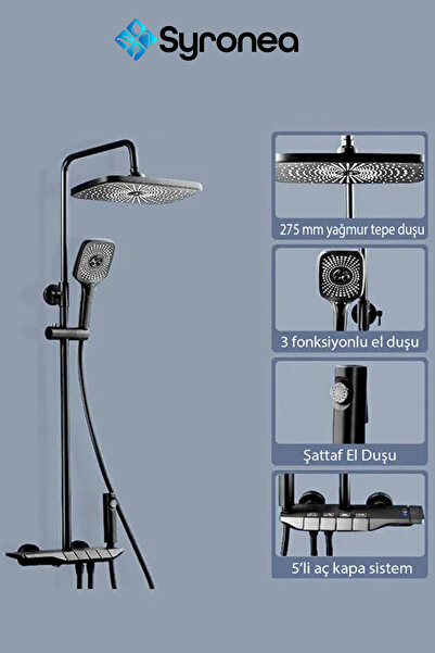 Syronea AquaShower Siyah Piyano Banyo Batarya Robot Tepe Yağmurlama Duş Seti Yeni Nesil Duş Takımı Garantili