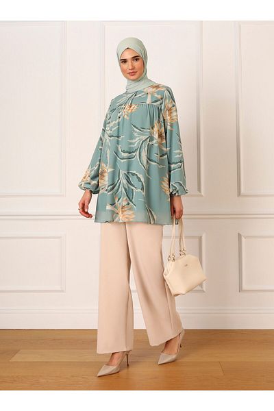 Refka Lined Sleeve Elastic Floral Patterned Chiffon Tunic - Çağla - Refka
