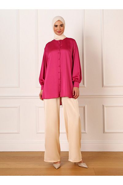 Refka Buttoned Wide Fit Satin Tunic - Fuchsia - Refka