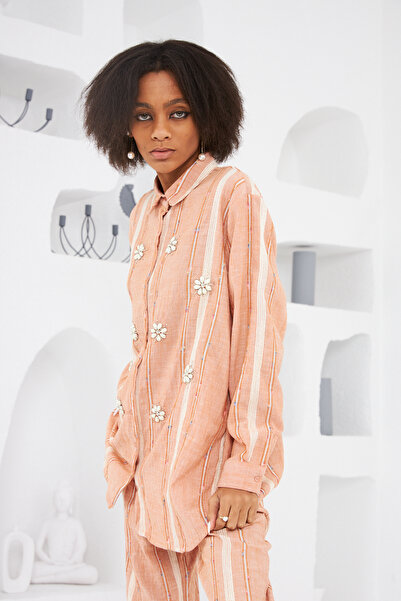 MİA NOURA Striped and Stone Embroidered Detailed Shirt & Trousers Set