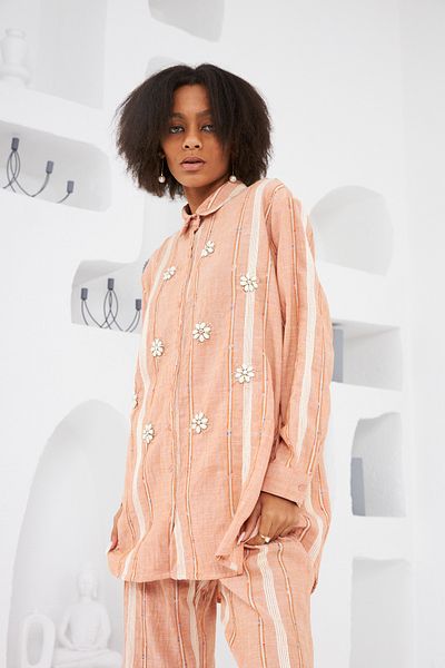 MİA NOURA Striped and Stone Embroidered Detailed Shirt & Trousers Set