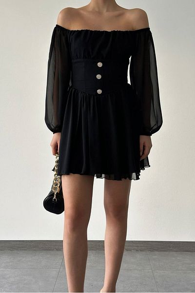 lovebox Dámské podšité šifonové látky bez ramínek límeček knoflíkový design s dlouhým rukávem černé večerní šaty mini 089
