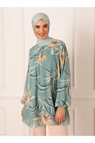Refka Lined Sleeve Elastic Floral Patterned Chiffon Tunic - Çağla - Refka