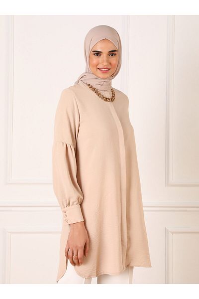 Refka Hidden Buttoned Balloon Sleeve Aerobin Tunic - Light Beige - Refka
