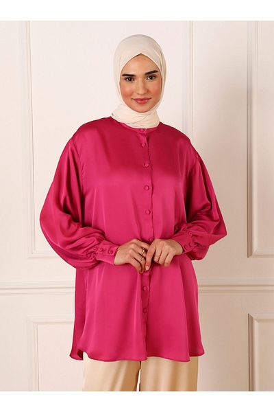 Refka Buttoned Wide Fit Satin Tunic - Fuchsia - Refka