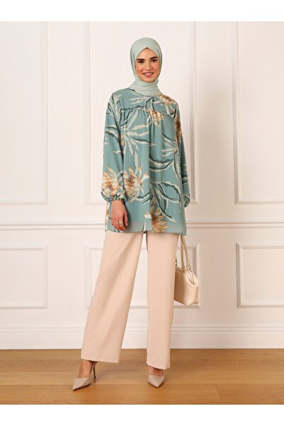 Refka Lined Sleeve Elastic Floral Patterned Chiffon Tunic - Çağla - Refka