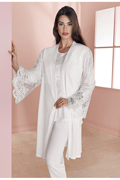 Güya Tekstil Espuar 757 Combed Cotton 3-Piece Pajama Set - Ecru - L