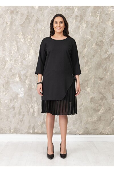 Even Plus Size - Büyük Beden Kadın Giyim Γυναικείο φόρεμα με μαύρη πλαϊνή κορδέλα με λεπτομέρεια σε μεγάλο μέγεθος