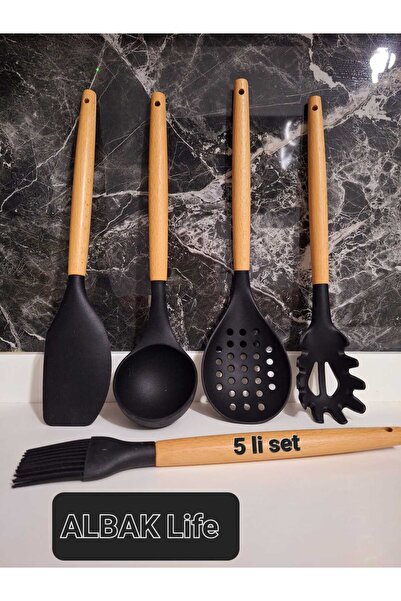 ALBAK Life مجموعة تقديم مغرفة ملعقة سيليكون من الخيزران مكونة من 5 قطع
