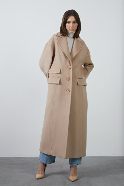 GİZİA Cep Detaylı Bej İpek Kaşmir Kaban