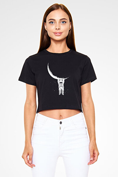 Darkhane Astronaut Hanging from the Moon Black Unisex Crop Top T-Shirt T-Shirt